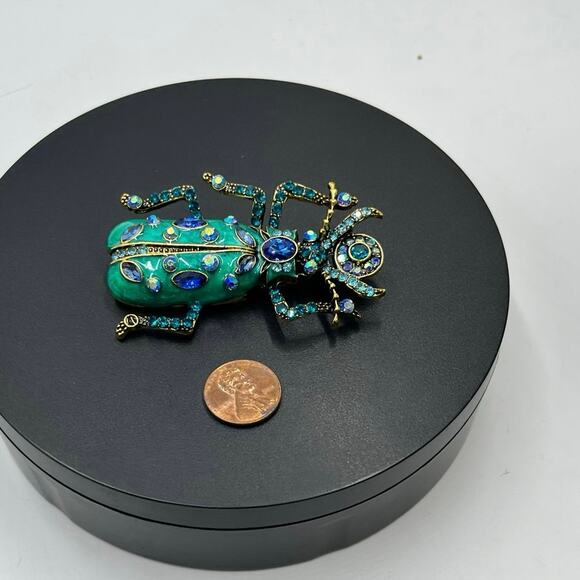 Teal Enamel Rhinestone Scarab Beetle Nefertiti Tut Egyptian Large Brooch - Picture 2 of 8